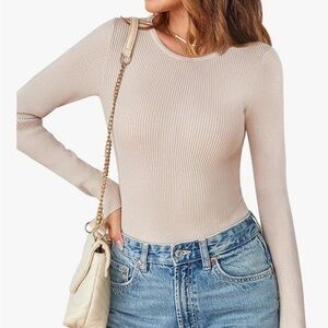 Cream Ribbed Long-Sleeve Bodysuit